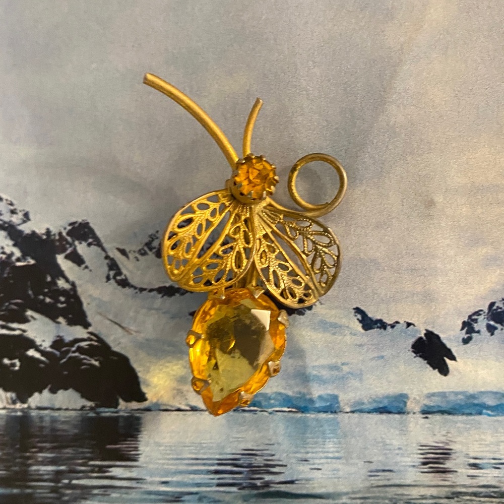 Gold tone with Patina Butterfly Bug Moth Bee with  Amber Rhinestones 2” x 1”